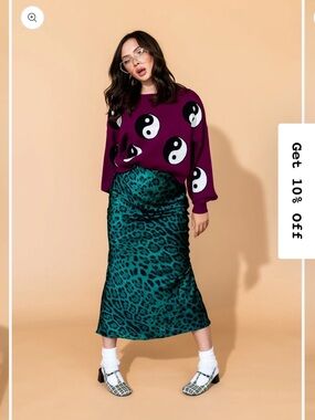 Emerald Green Leopard Satin Midi Skirt